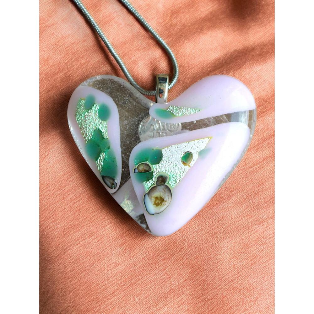 Heart Pendant Chain Fused Pink Green Lilly Colors, Unique, Custom 18" Necklace